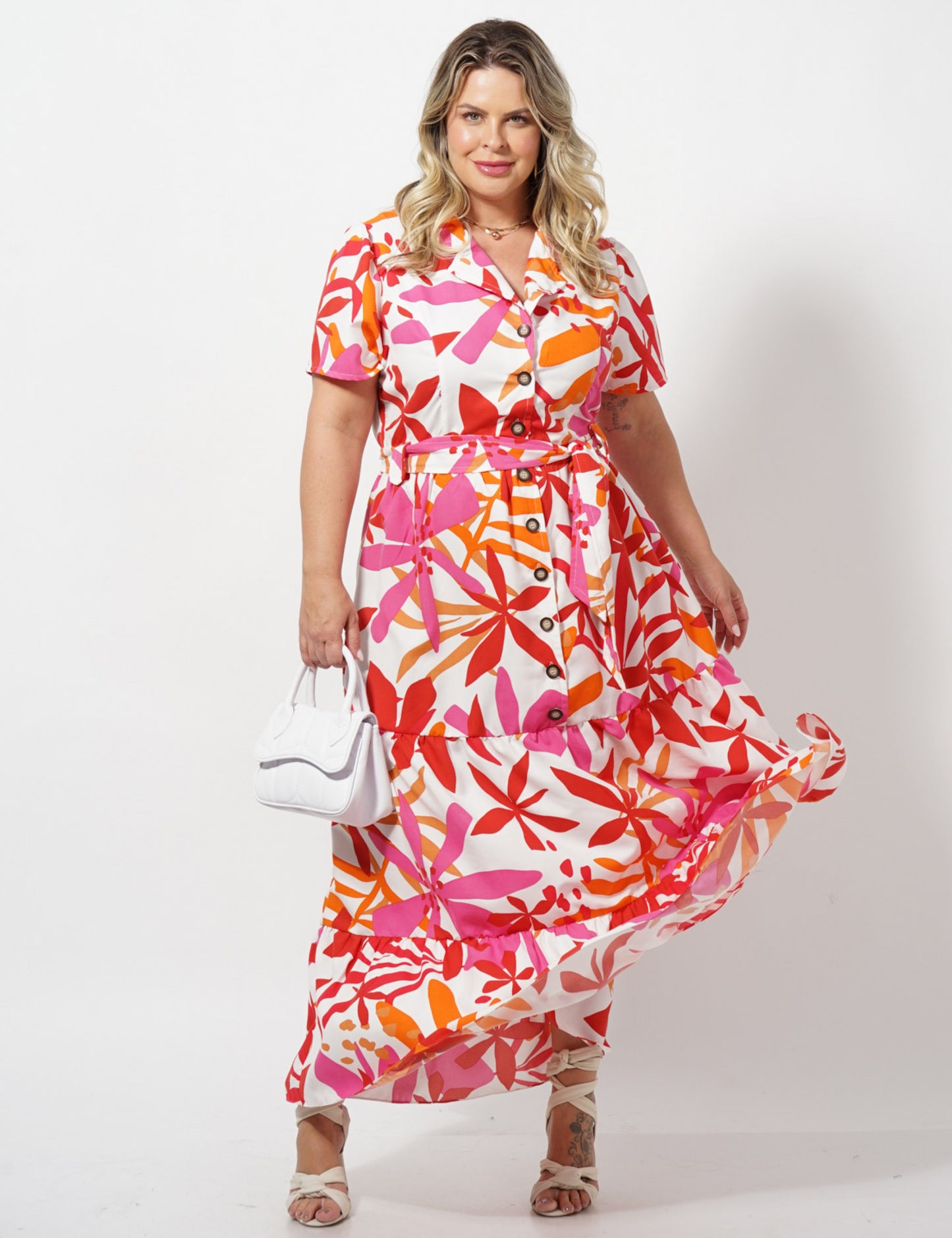 VESTIDO LONGO SILK 9 BOTÕES MADEIRA VERMELHO