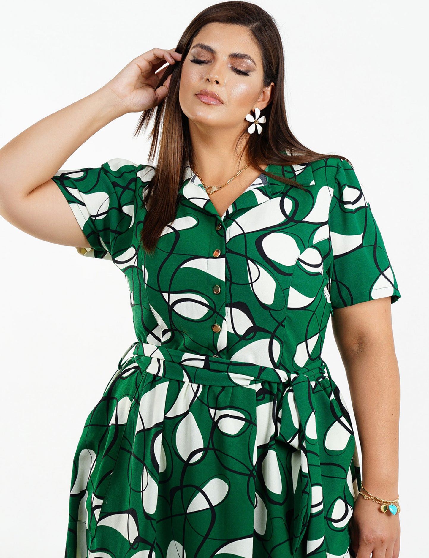 VESTIDO MIDI CREPE BOTÕES DOURADO VERDE