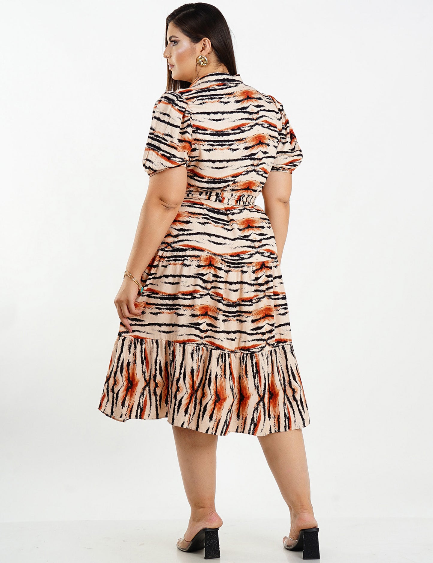 VESTIDO MIDI VISCOSE ANIMAL PRINT MARROM