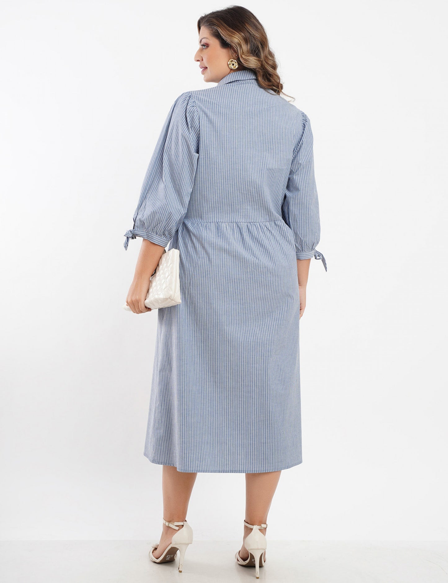 VESTIDO MIDI TRICOLINE LISTRADO CHEMISE AZUL