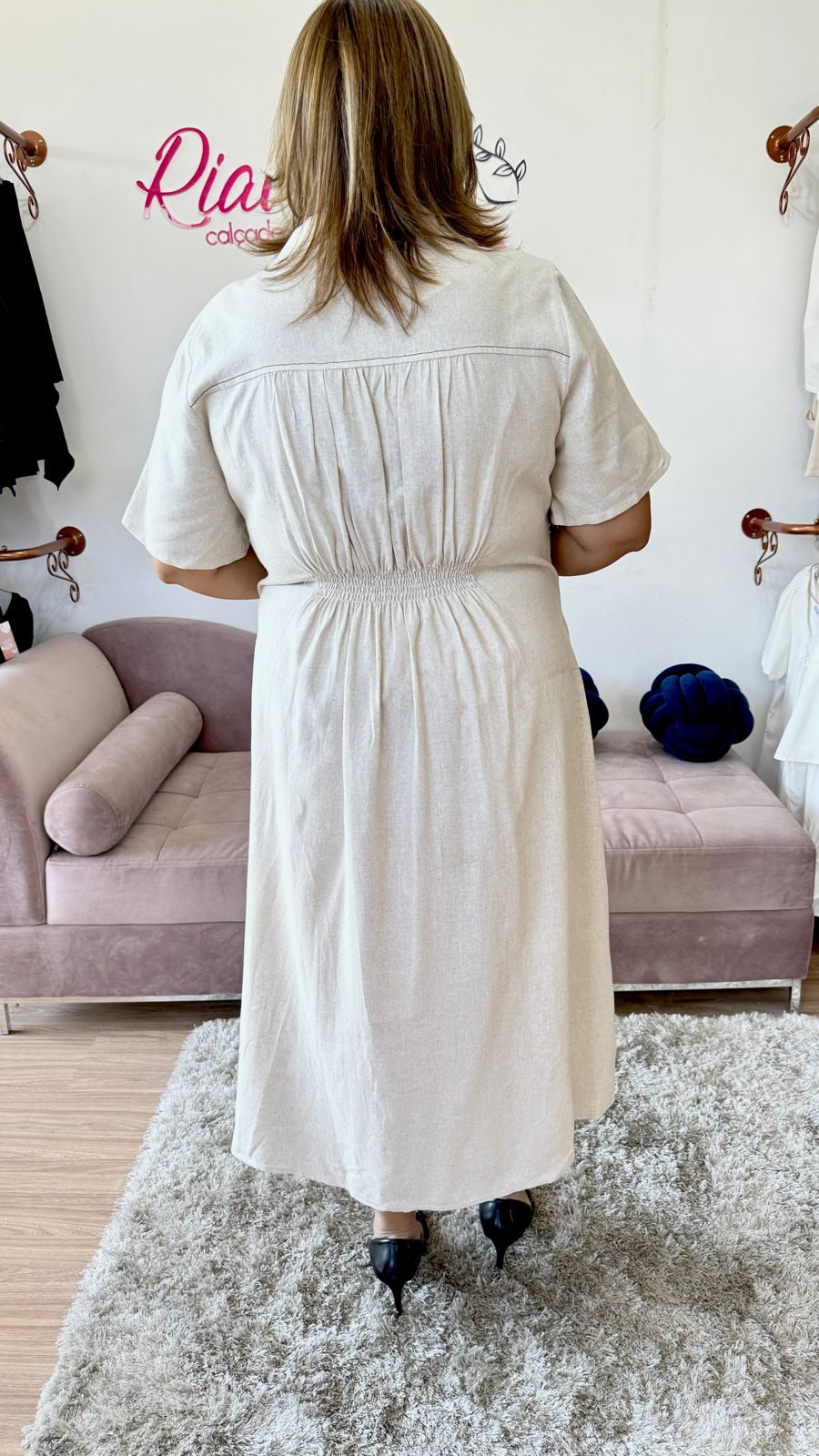 Vestido Chemise em Linho Prespontado Nude