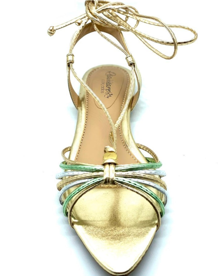 Rasteirinha bico folha dourado e verde de amarrar