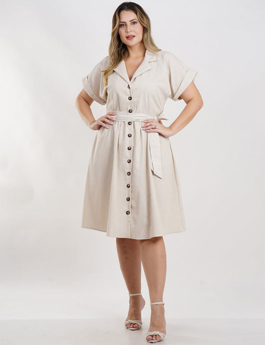 VESTIDO CURTO TEXTURA LINHO CINTO BEGE