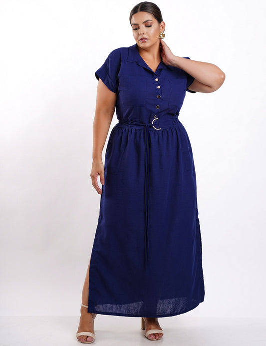 VESTIDO LONGO CHEMISE CINTO CORDÃO MARINHO