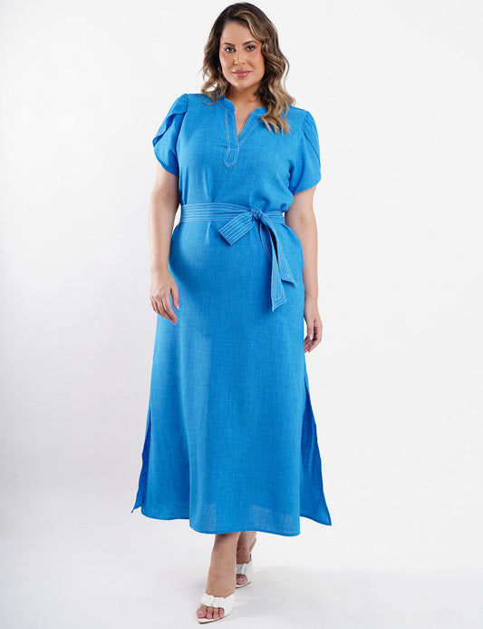 VESTIDO LONGO CREPE LISO CINTO AZUL