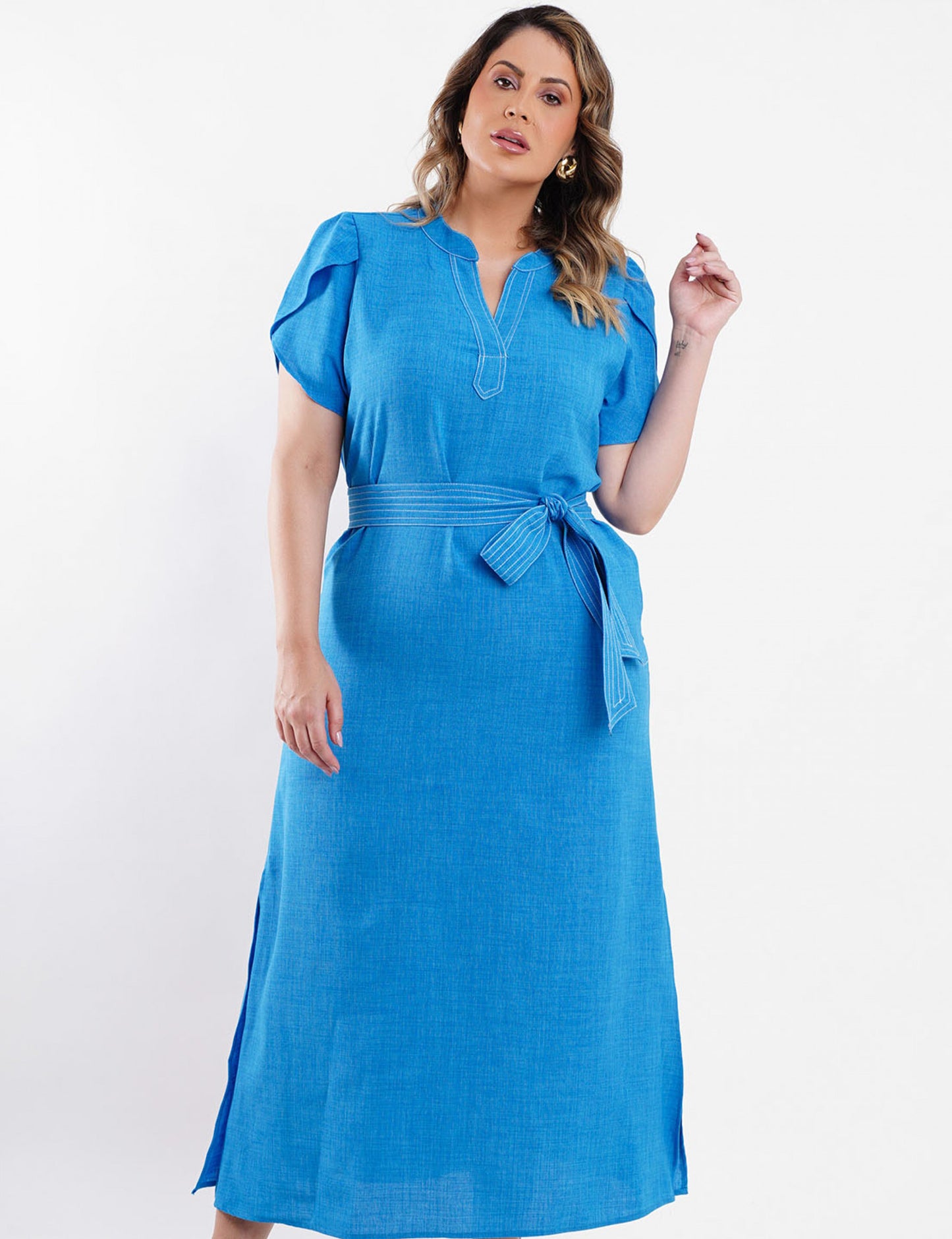 VESTIDO LONGO CREPE LISO CINTO AZUL