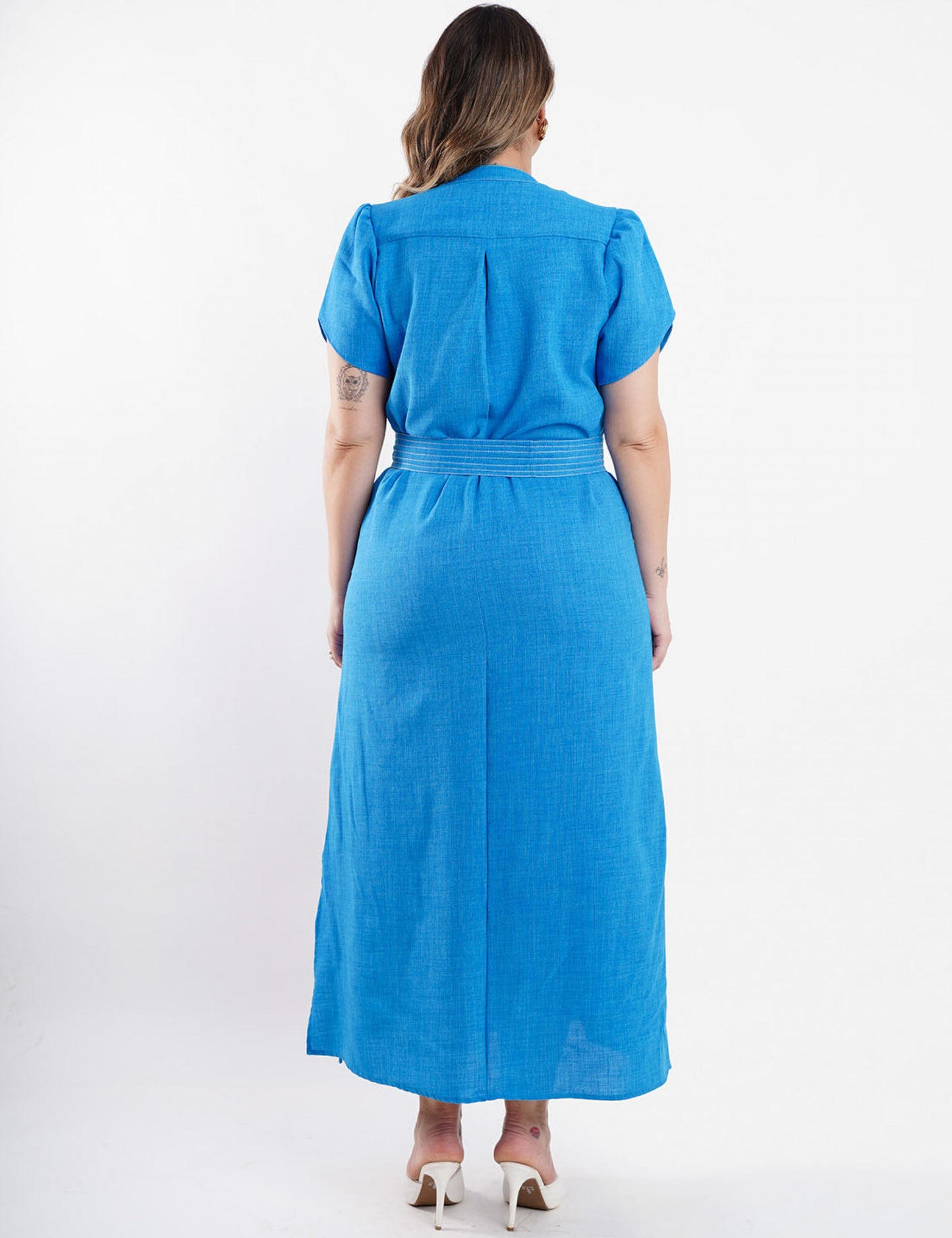 VESTIDO LONGO CREPE LISO CINTO AZUL