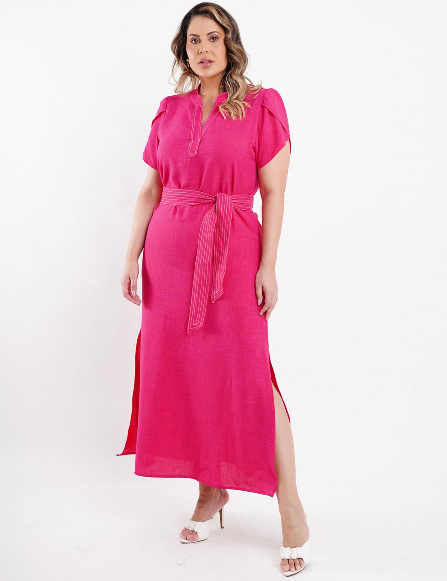 VESTIDO LONGO CREPE LISO CINTO ROSA
