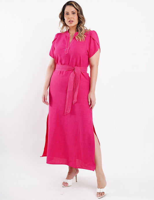 VESTIDO LONGO CREPE LISO CINTO ROSA