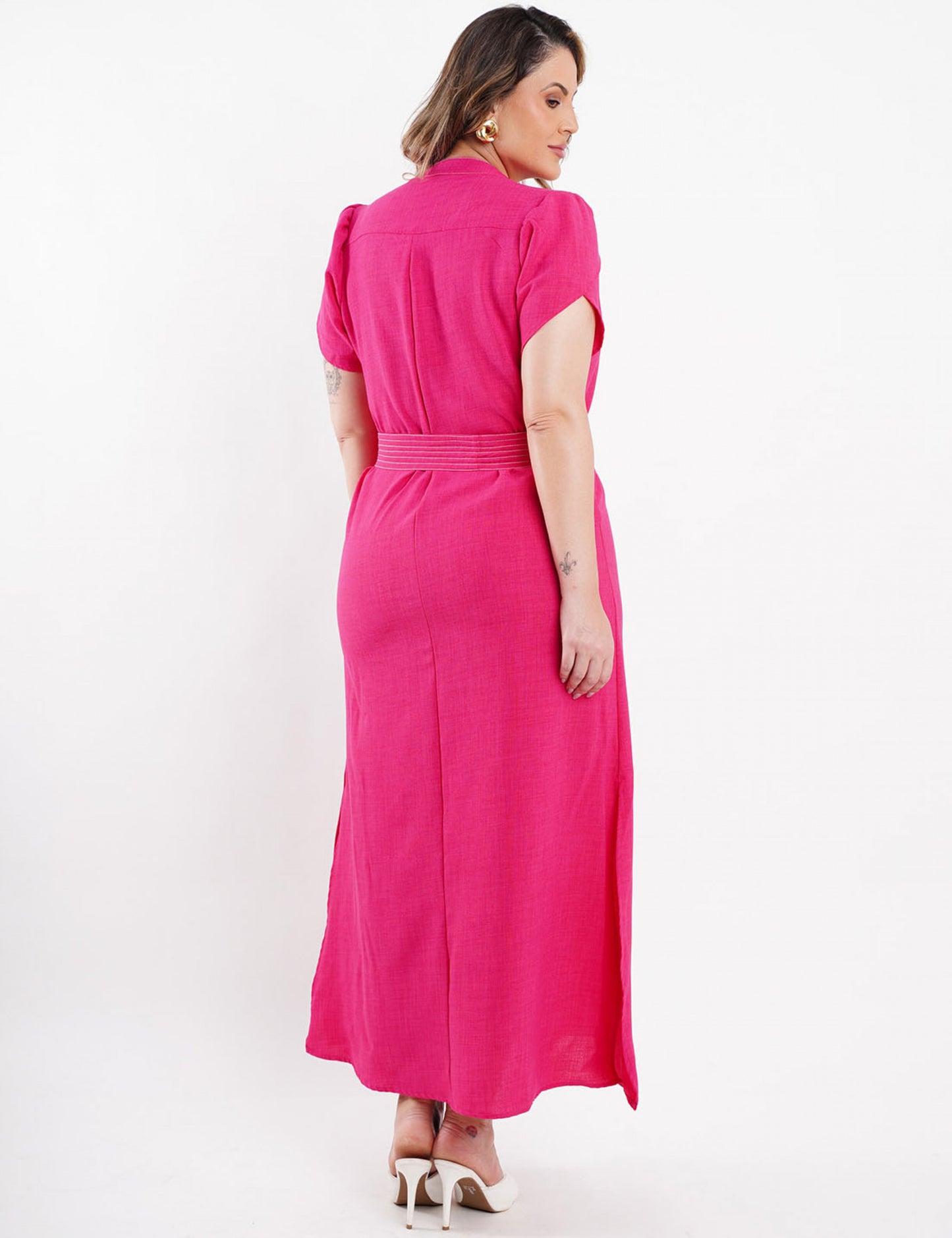 VESTIDO LONGO CREPE LISO CINTO ROSA