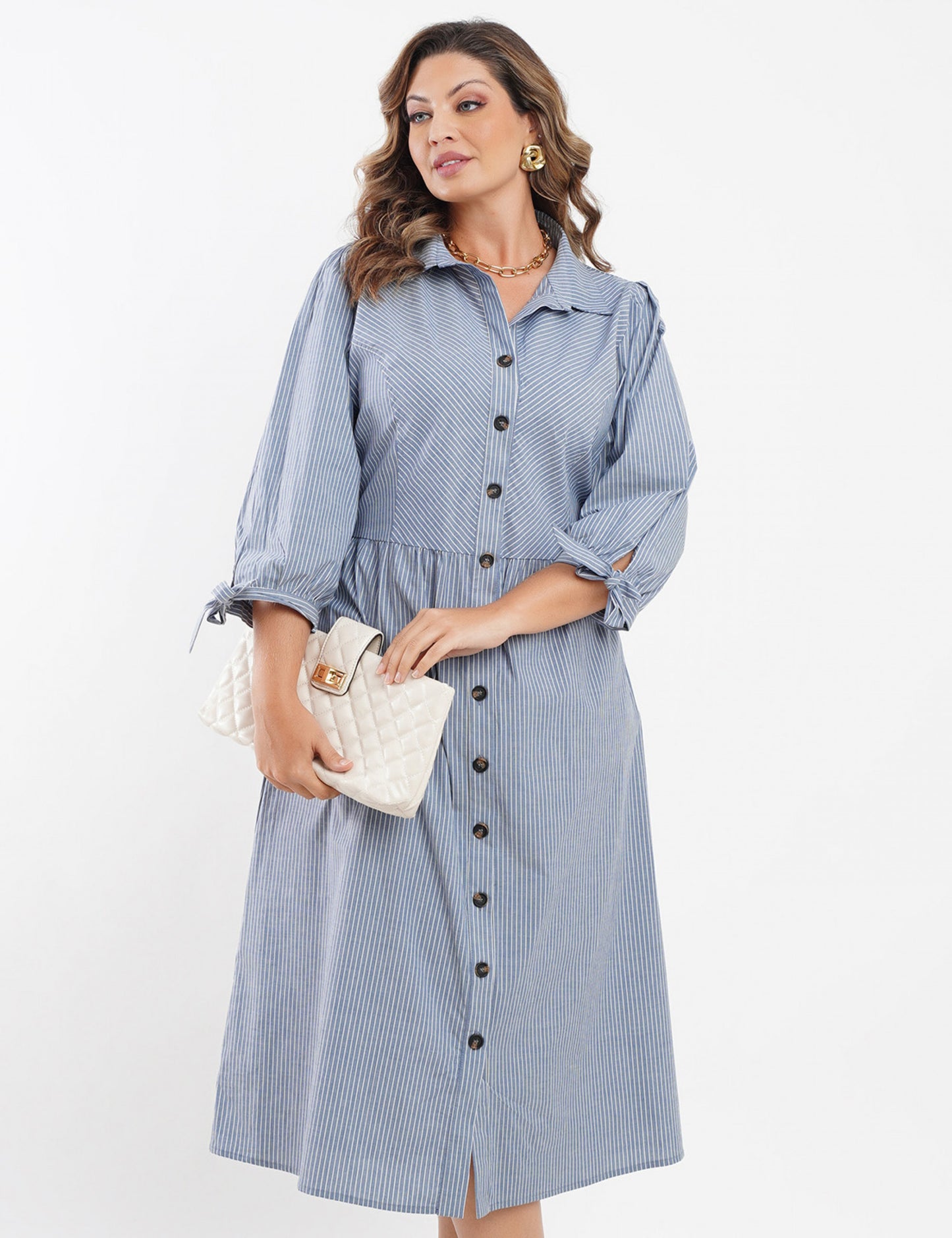 VESTIDO MIDI TRICOLINE LISTRADO CHEMISE AZUL