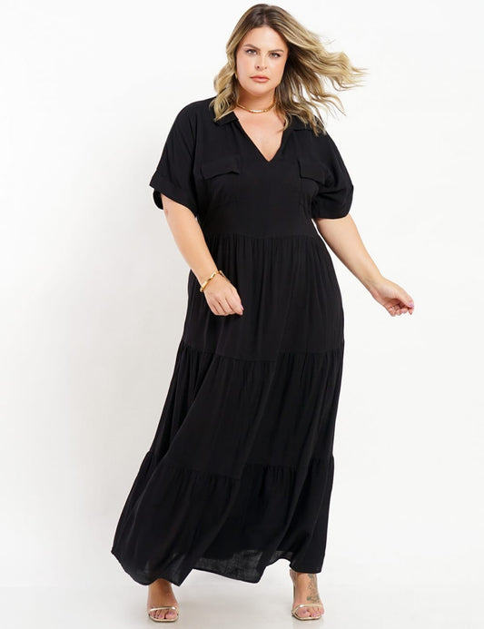 VESTIDO LONGO VISCOLINHO LISO BOLSOS PRETO