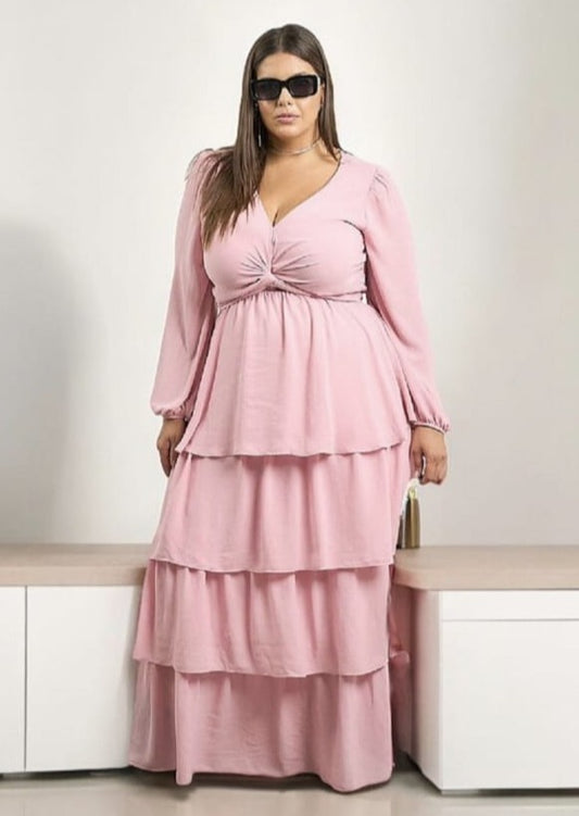 Vestido Longo Festa Rosa Saia Evasê em Camadas