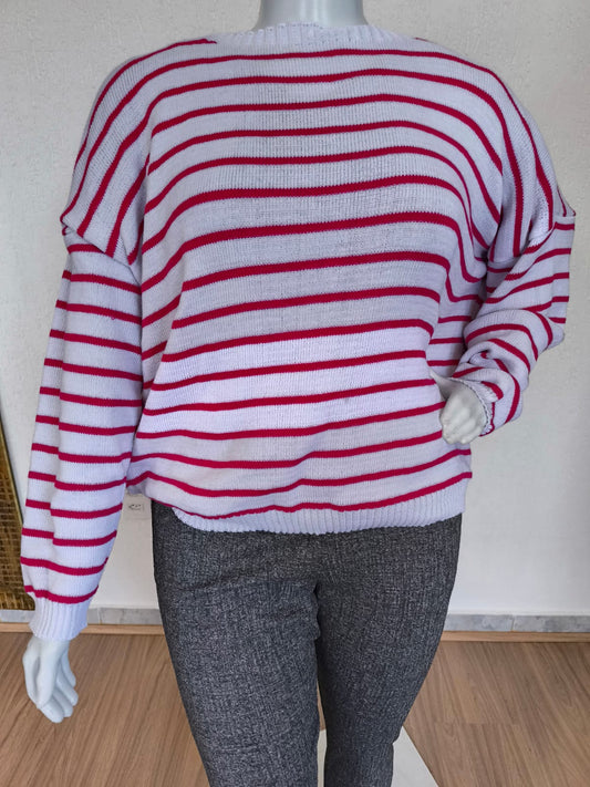 Blusa de Frio em Tricô listrada branco e Pink