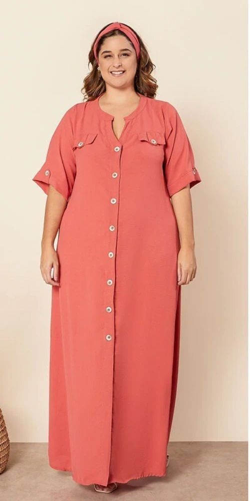 1427 Vestido Plus Size Chemise Longo Com Faixa de Cabelo Coral