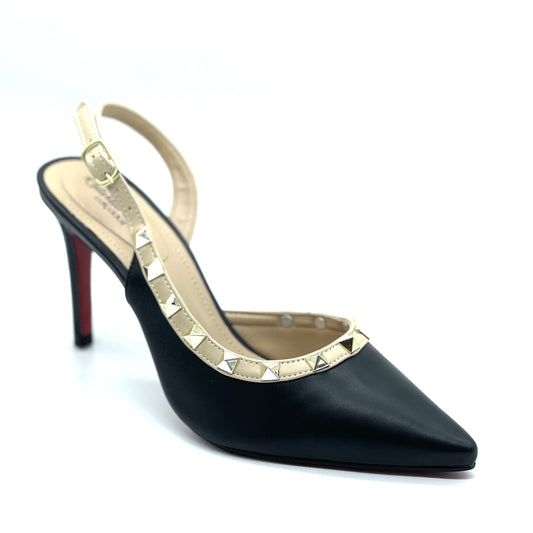 Scarpin aberto preto e nude com tacha
