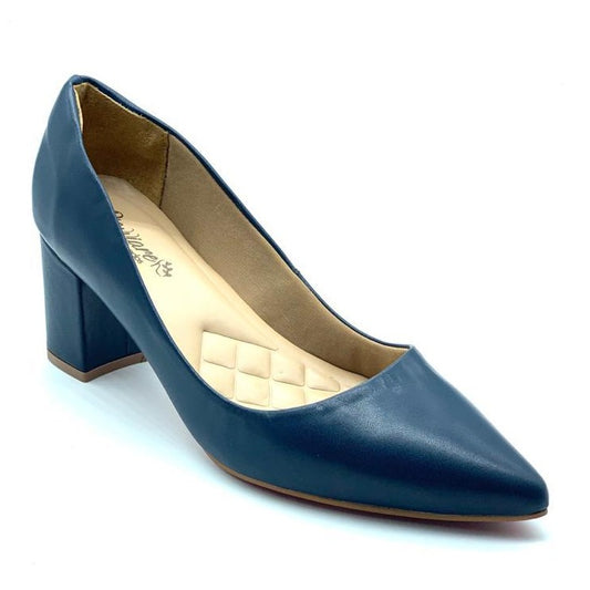 Scarpin azul couro comfort premium salto bloco
