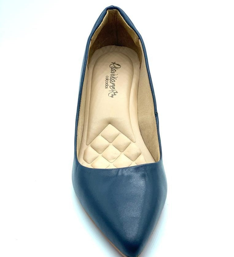 Scarpin azul couro comfort premium salto bloco
