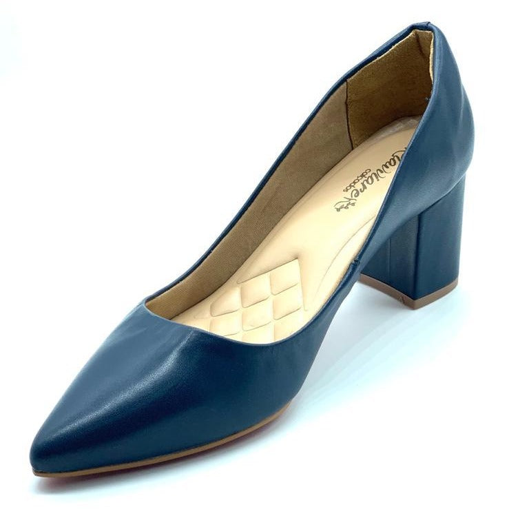 Scarpin azul couro comfort premium salto bloco