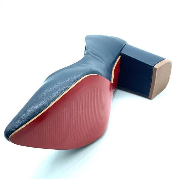 Scarpin azul couro comfort premium salto bloco