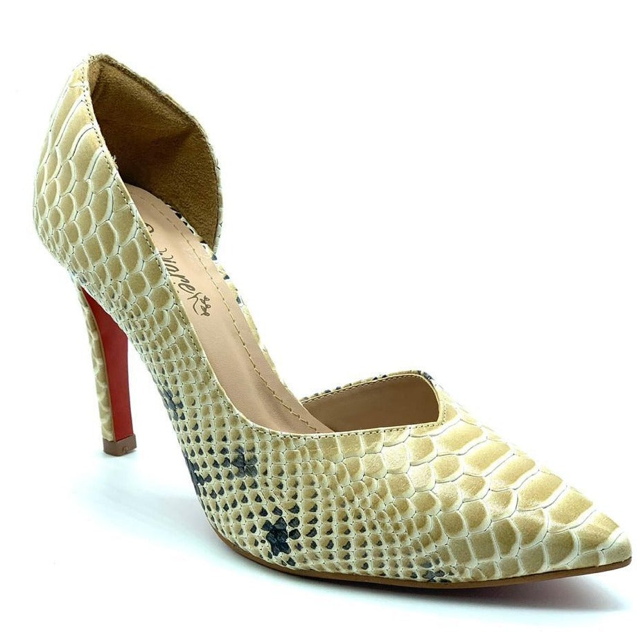 Scarpin anaconda creme de couro e plamilha comfort premium salto fino