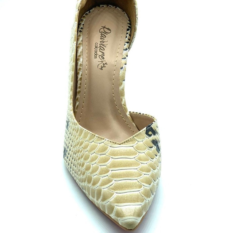Scarpin anaconda creme de couro e plamilha comfort premium salto fino