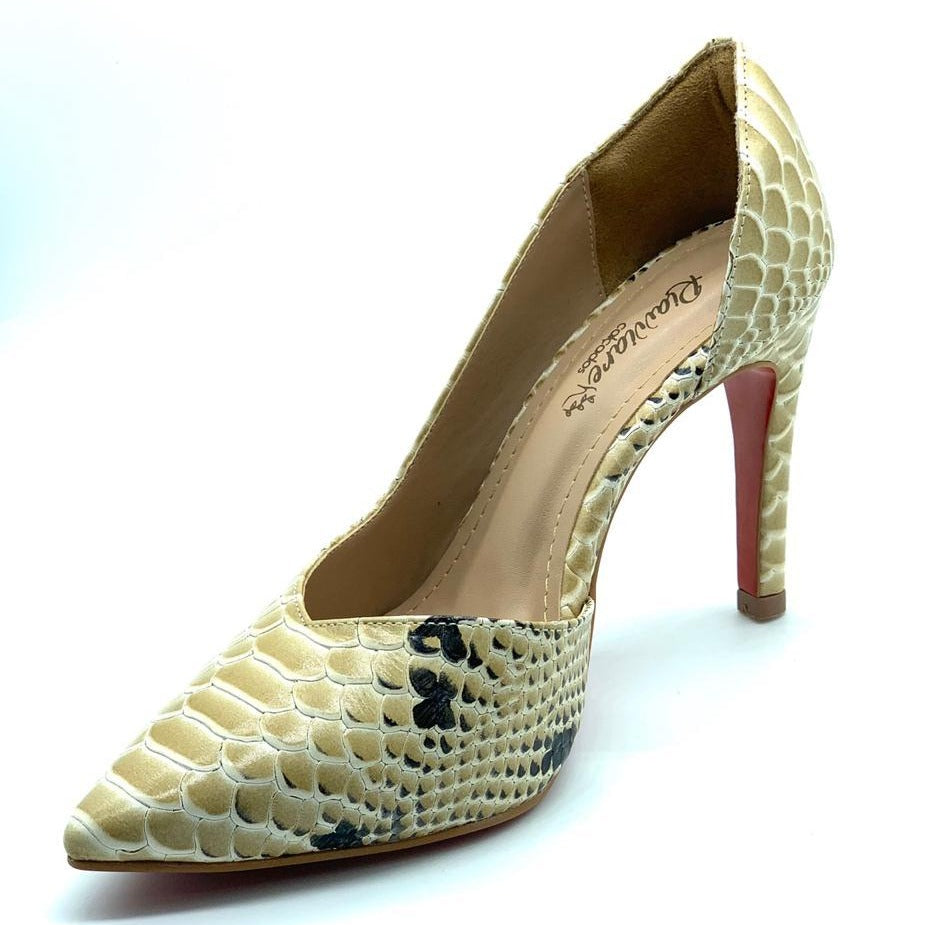 Scarpin anaconda creme de couro e plamilha comfort premium salto fino