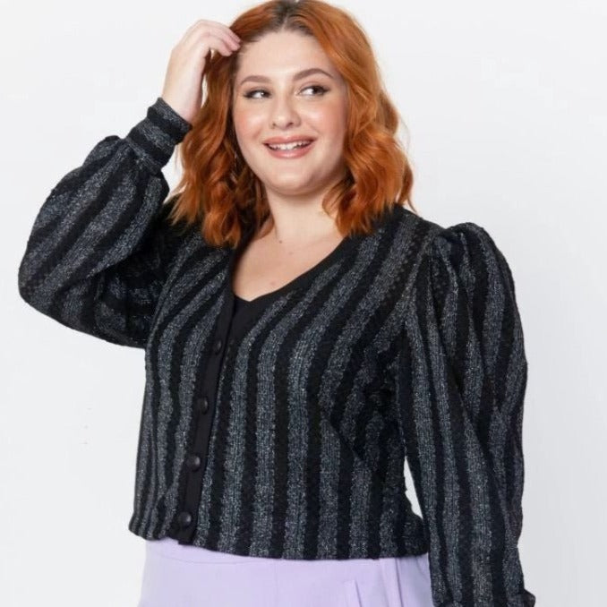 T173 CASACO ML CROPPED MALHA COM LUREX