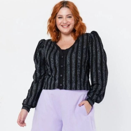 T173 CASACO ML CROPPED MALHA COM LUREX