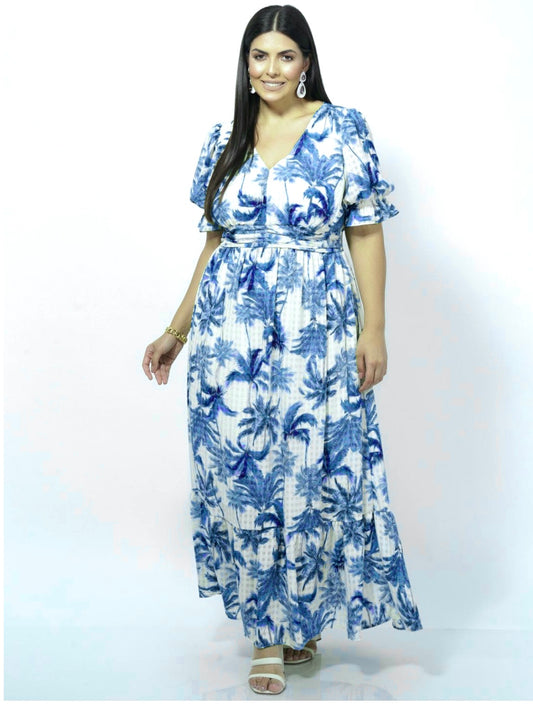 VESTIDO CREPE ESTAMPA FOLHA AZUL