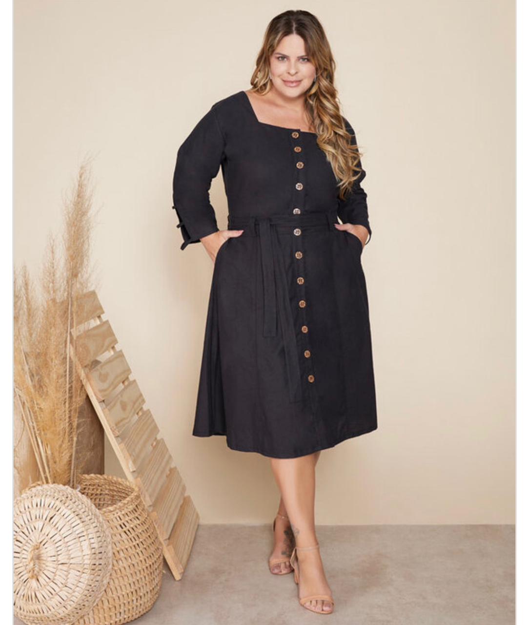 Saia Plus Size Midi Linho Preto