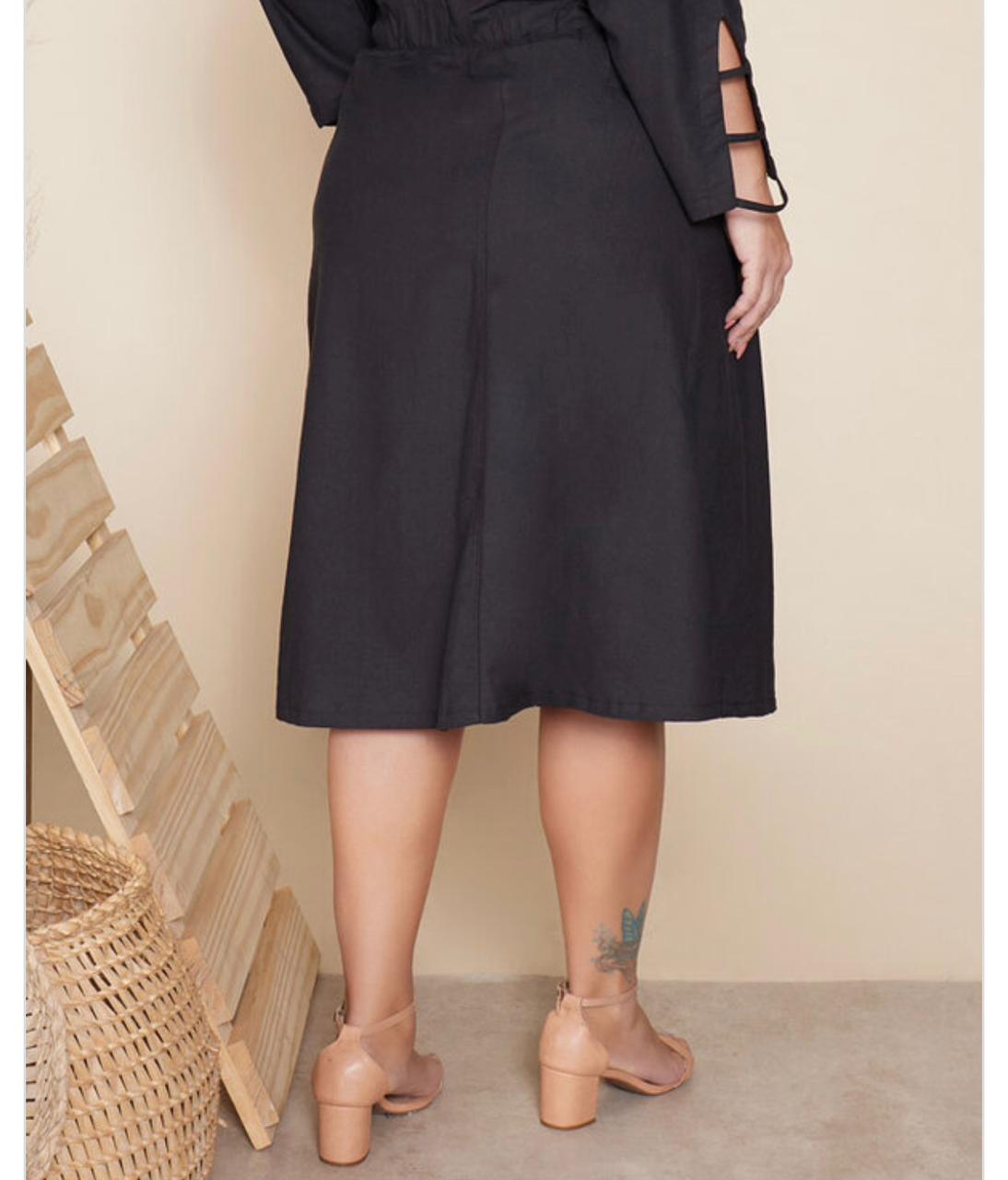 Saia Plus Size Midi Linho Preto
