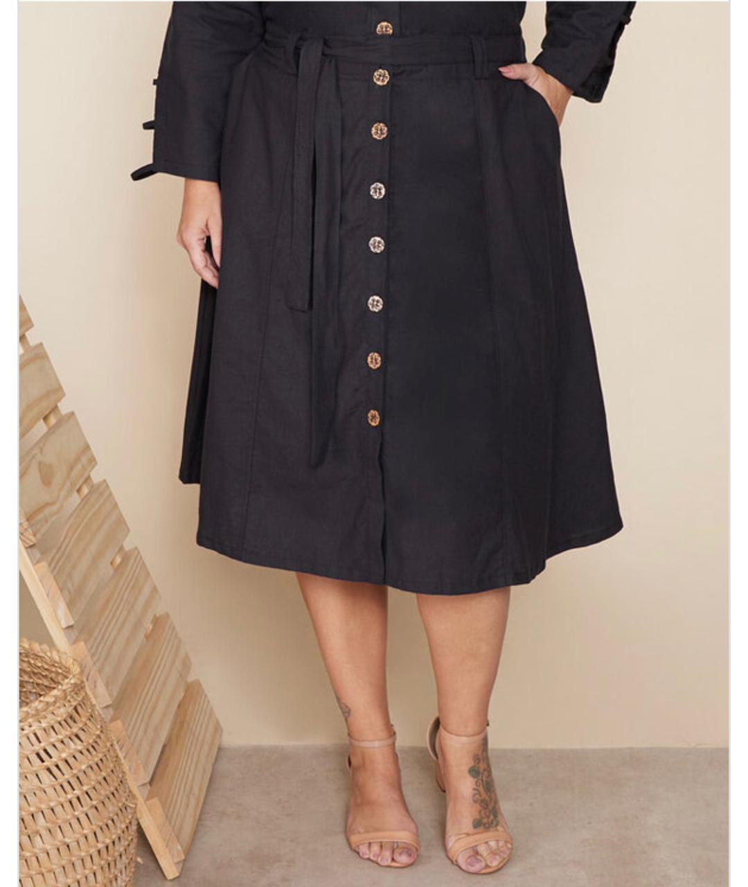 Saia Plus Size Midi Linho Preto